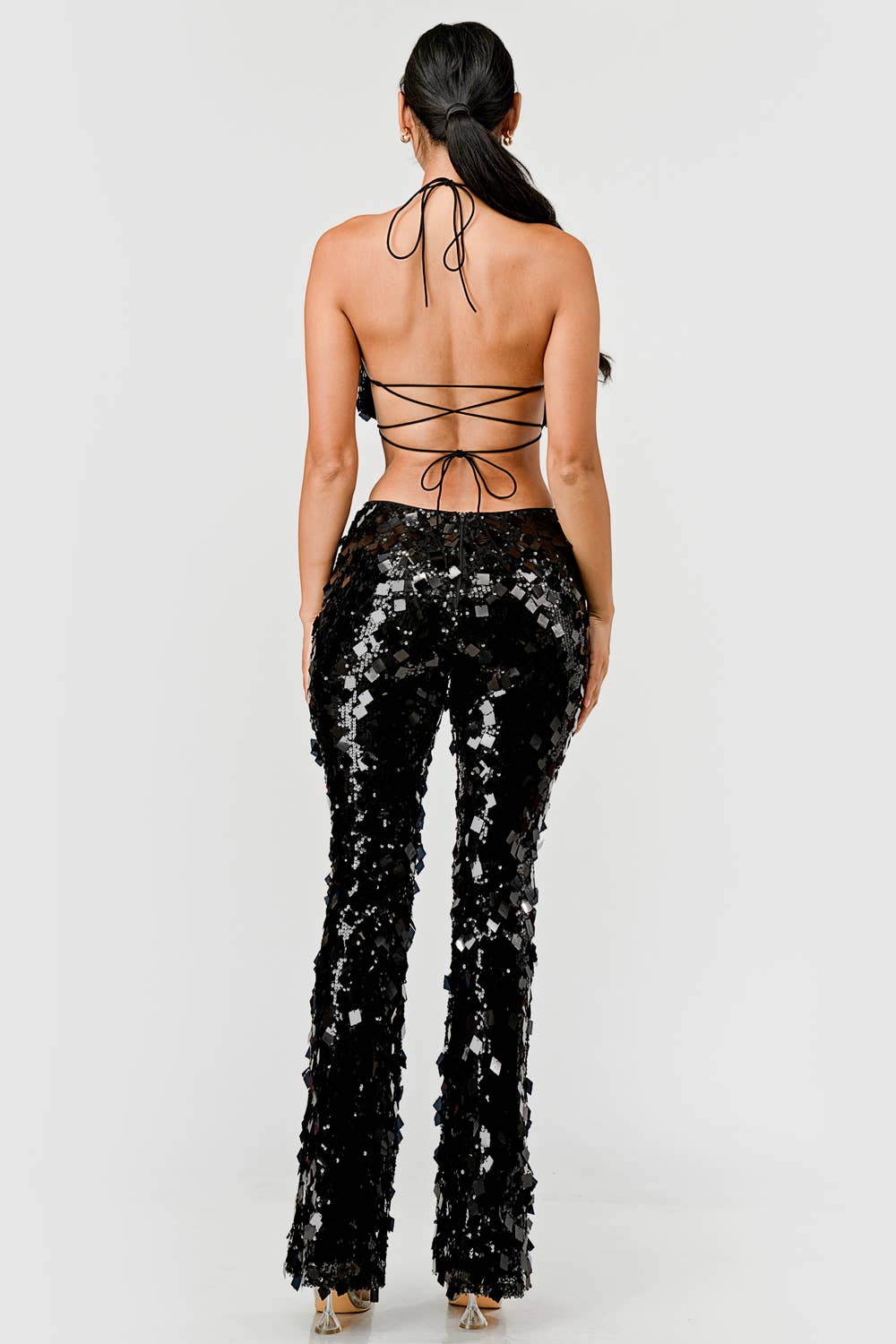 "The Little Black Jumpsuit" - Halter Large Sequins Cut-Out Jumpsuit