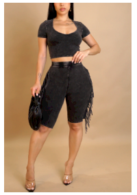 Mineral Wash Fringe Embellished Biker Set