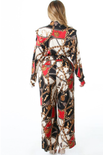 Satin Chain Print Belted Jumpsuit