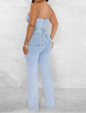 Strapless Distressed Denim Jumpsuit