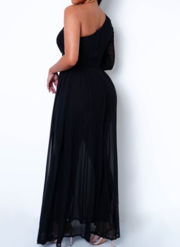 One Shoulder Jumpsuit With Floor Length Sheer Train