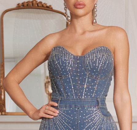 Strapless Rhinestone Embellished Denim Jumpsuit (Dark Blue)