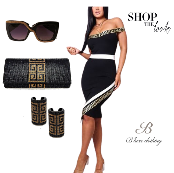 Shop The Look! Off The Shoulder Geometric Trimmed Midi Dress With Accessories