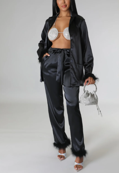 "The Feather Luxe Collection" - Feather Embellished Satin Pant Set