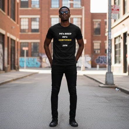 Camiseta unisex "70's Bred 90's Certified" (negra, blanca y dorada)
