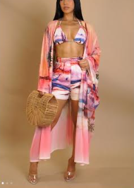 "Beach Day" - Three-Piece Tropical Print Bikini/Short Set With Matching Kimono (B'Luxe Clothing Boutique Favorite!)