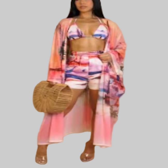 "Día de Playa": Conjunto de bikini/short de tres piezas con estampado tropical y kimono a juego (¡Un favorito de la boutique B'Luxe Clothing!)