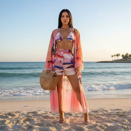 "Día de Playa": Conjunto de bikini/short de tres piezas con estampado tropical y kimono a juego (¡Un favorito de la boutique B'Luxe Clothing!)