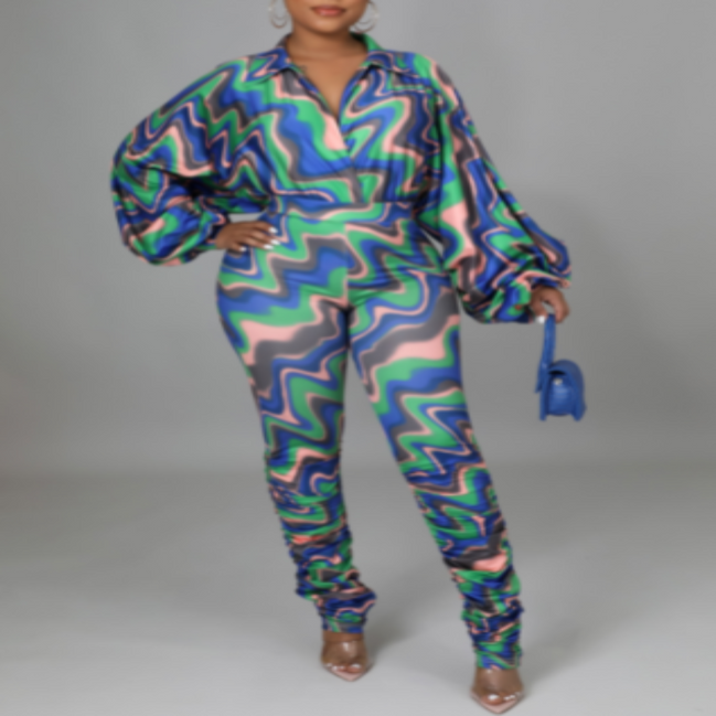 Ensemble body à manches cloche et imprimé abstrait avec bas froncé