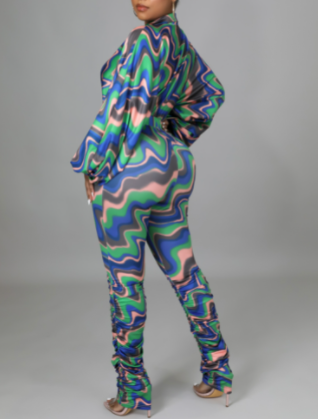 Abstract Print Bell Sleeve Bodysuit Set With Ruched Bottoms