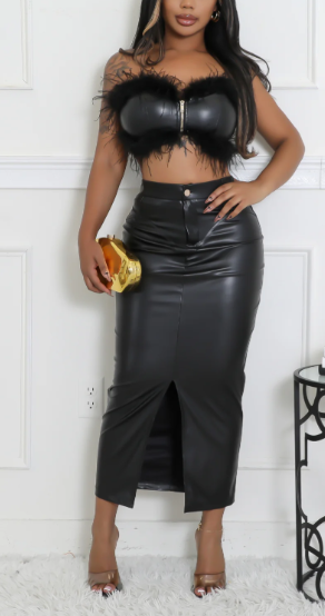 "The Feather Luxe Collection" - Feather Embellished Vegan Leather Midi Skirt Set