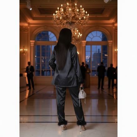 The Feather Luxe Collection - Feather Embellished Satin Pant Set