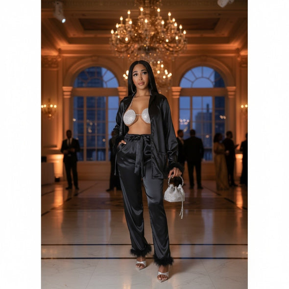The Feather Luxe Collection - Feather Embellished Satin Pant Set