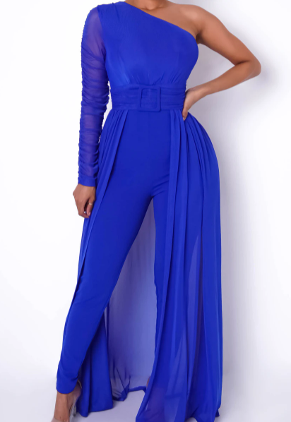 One Shoulder Jumpsuit With Floor Length Sheer Train