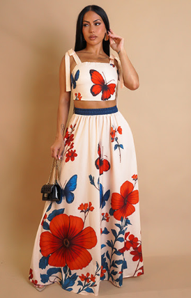 "Butterflies" - Butterfly & Floral Print Wide Leg Pant Set