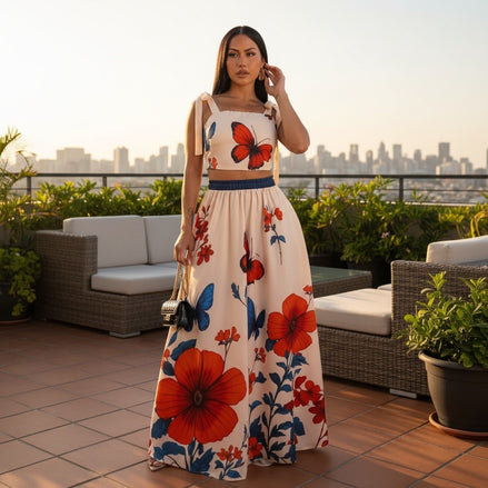 Ensemble pantalon large imprimé papillons et fleurs « Papillons »