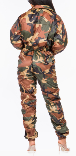 Camo Cropped Bomber Jacket And Ruched Pant Set