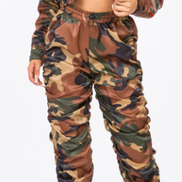 Camo Cropped Bomber Jacket And Ruched Pant Set