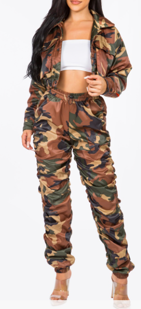 Camo Cropped Bomber Jacket And Ruched Pant Set