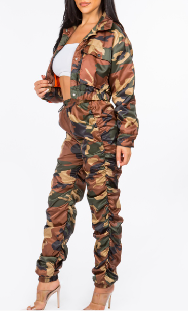 Camo Cropped Bomber Jacket And Ruched Pant Set