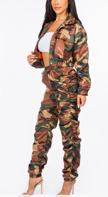 Camo Cropped Bomber Jacket And Pant Set