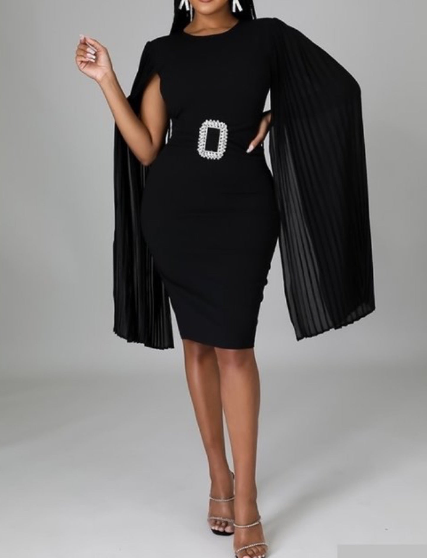 Cape Sleeve Midi Dress With Rhinestone Belt