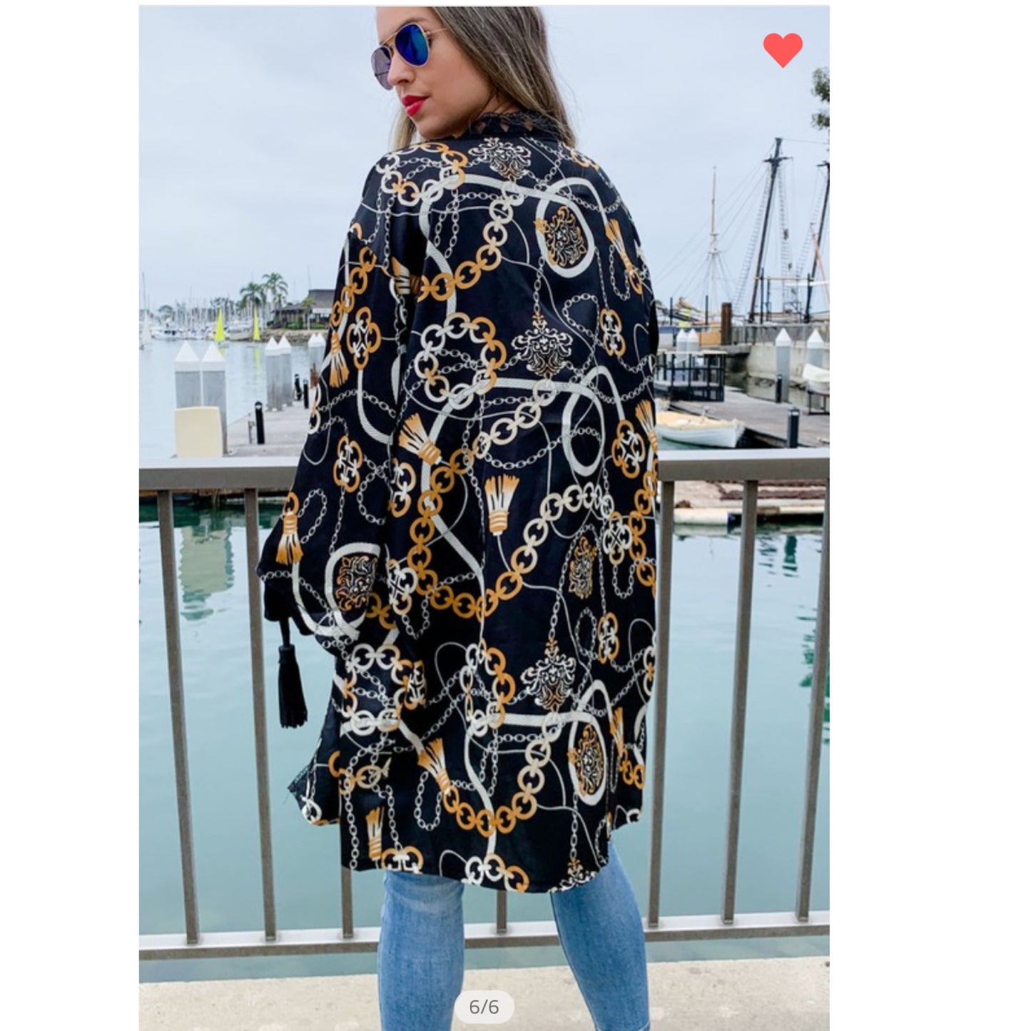 Chain Link Print Kimono With Lace Trim