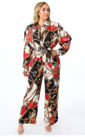 Mono con cinturón y estampado de cadena de satén