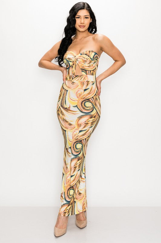 "Day To Night" - Abstract Print Strapless Maxi Dress