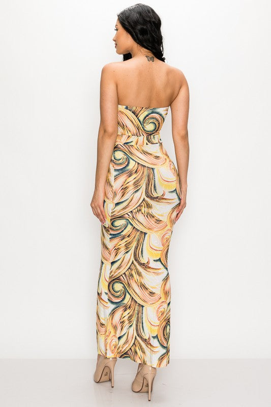 "Day To Night" - Abstract Print Strapless Maxi Dress