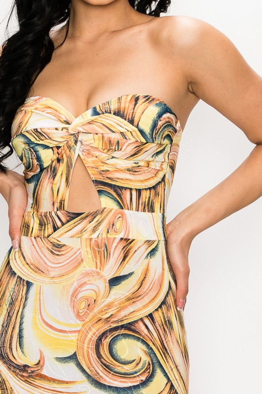 "Day To Night" - Abstract Print Strapless Maxi Dress