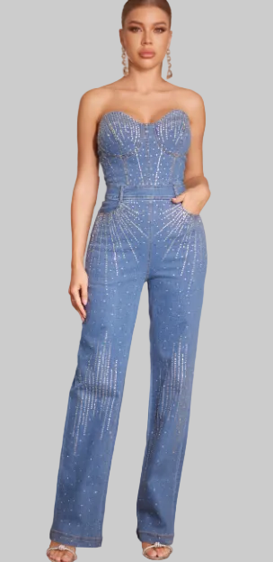 The Dazzling Denim Collection - Bustier Cut Strapless Rhinestone Embellished Denim Jumpsuit (Light Blue)