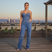 Mono vaquero sin tirantes adornado con diamantes de imitación (azul claro) (¡favorito de B'Luxe Clothing Boutique!)
