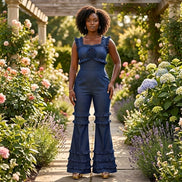 Floral Extravaganza - Denim Flower Embellished Ruffle Jumpsuit
