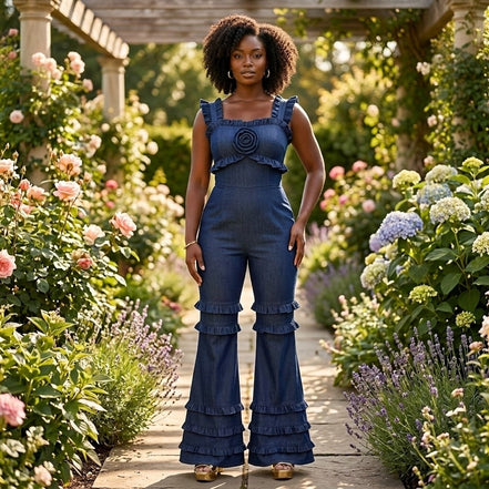 Floral Extravaganza - Denim Flower Embellished Ruffle Jumpsuit