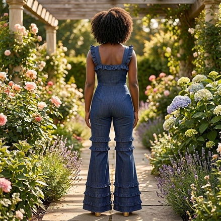 Floral Extravaganza - Denim Flower Embellished Ruffle Jumpsuit