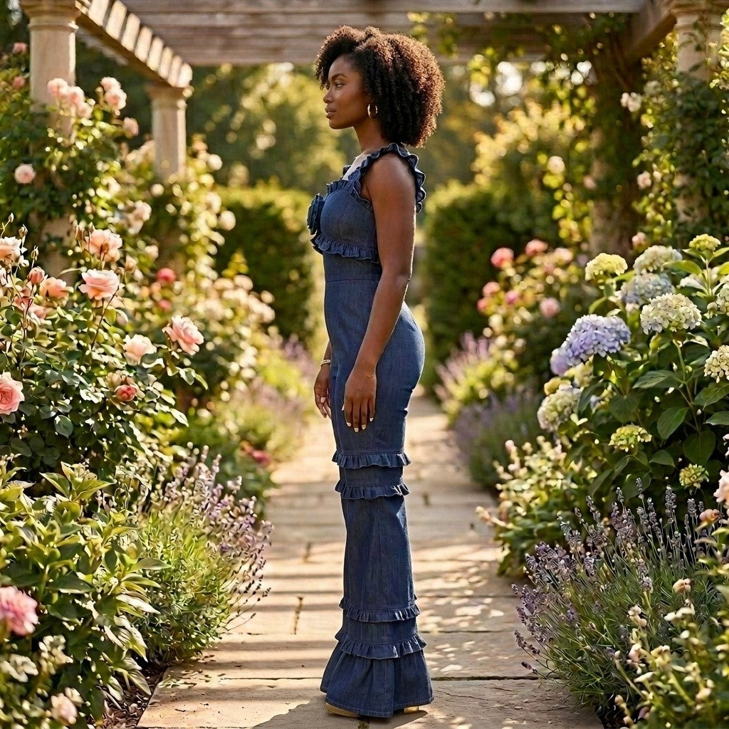 Floral Extravaganza - Denim Flower Embellished Ruffle Jumpsuit