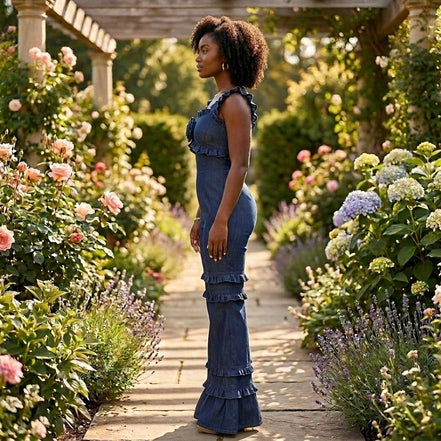 Floral Extravaganza - Denim Flower Embellished Ruffle Jumpsuit