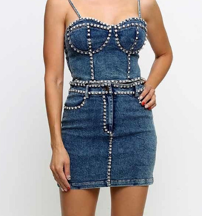 The Dazzling Denim Collection - Rhinestone Trimmed Denim Mini Skirt Set