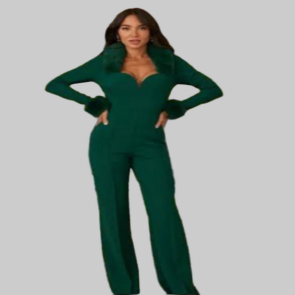 Faux Fur Embellished Bustier Cut Jumpsuit