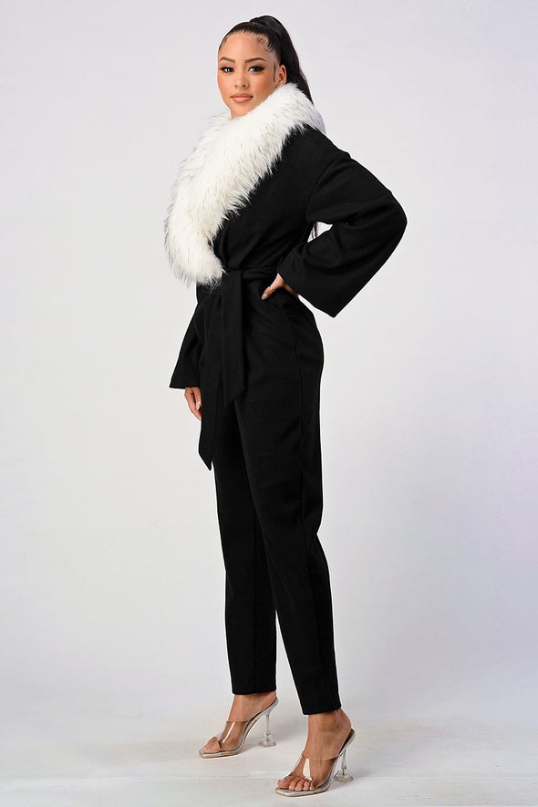 Faux Fur Collar Belted Jumpsuit With Bell Sleeves