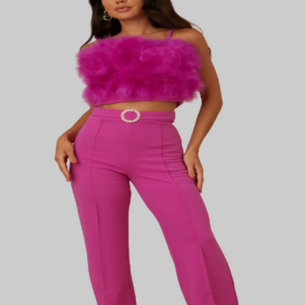 The Feather Luxe Collection - Feather Embellished Pant Set (Hot Pink)