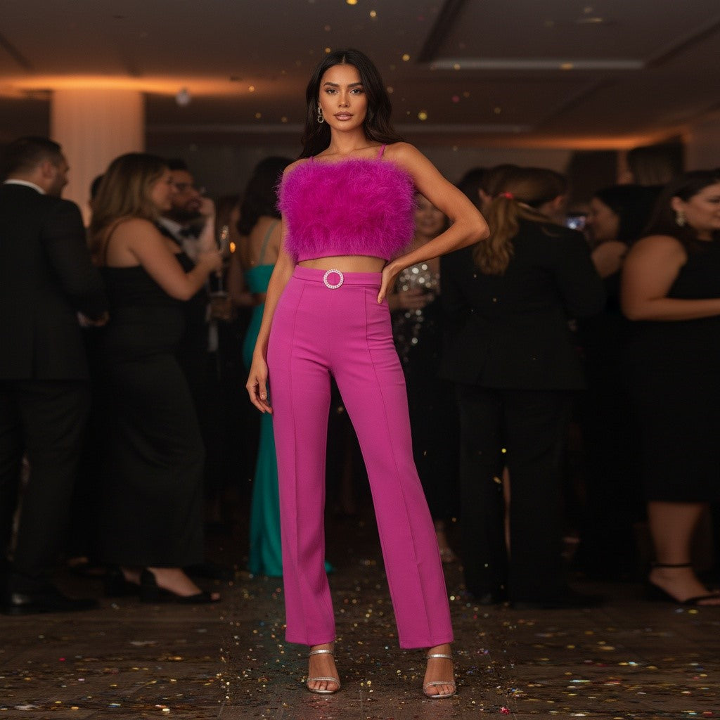 The Feather Luxe Collection - Feather Embellished Pant Set (Hot Pink)