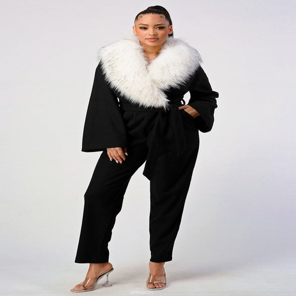 Faux Fur Collar Belted Jumpsuit With Bell Sleeves