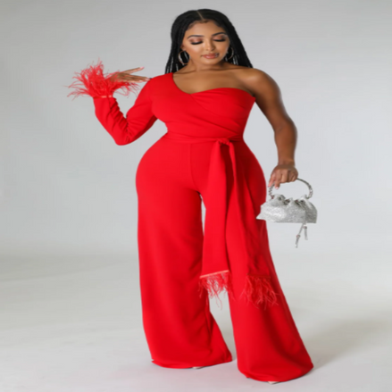 The Feather Luxe Collection - One Shoulder Feather Embellished Jumpsuit