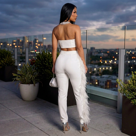 Collection Feather Luxe - Ensemble pantalon orné de plumes (1 exemplaire restant en stock !)