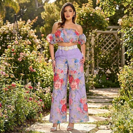 Floral Extravaganza - Off Shoulder Floral Print Pant Set