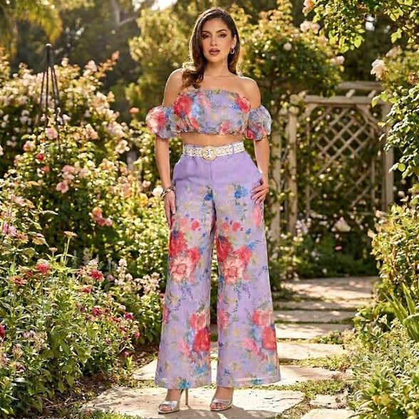 Floral Extravaganza - Off Shoulder Floral Print Pant Set