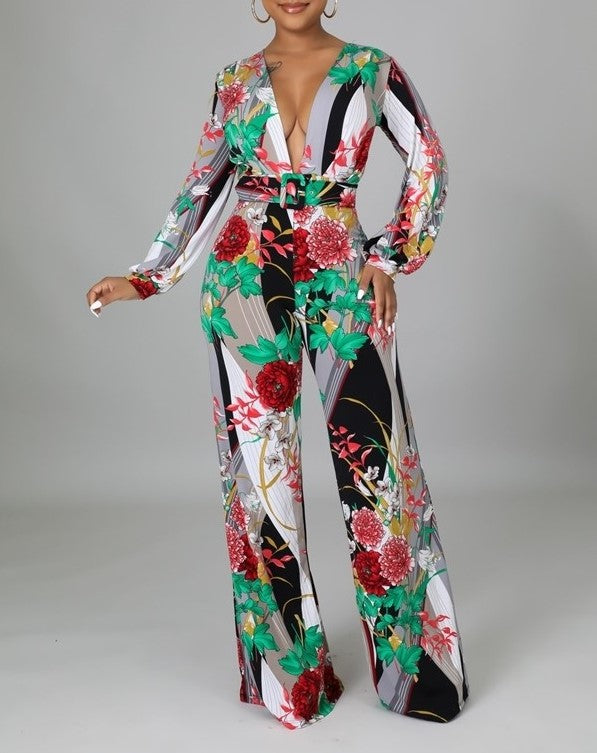 Floral Print Belted Wide Leg Jumpsuit