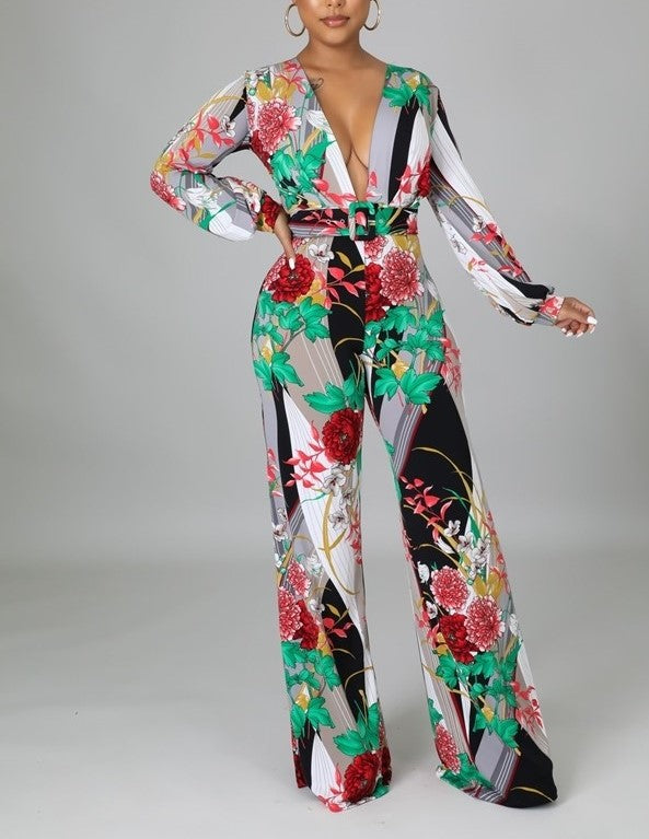 Floral Print Belted Wide Leg Jumpsuit